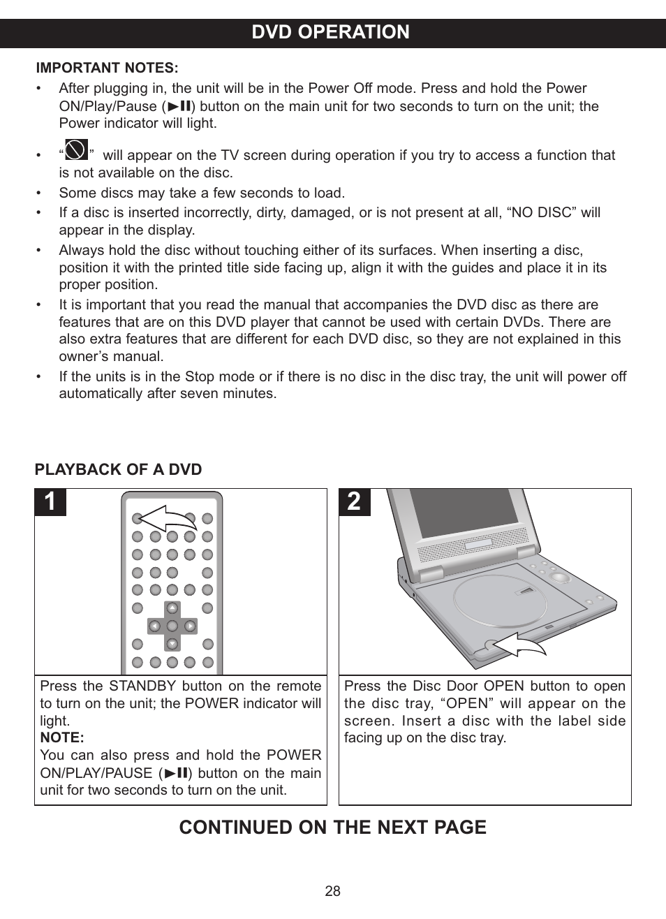 Dvd operation, Continued on the next page | Memorex MVDP1075 User Manual | Page 29 / 45