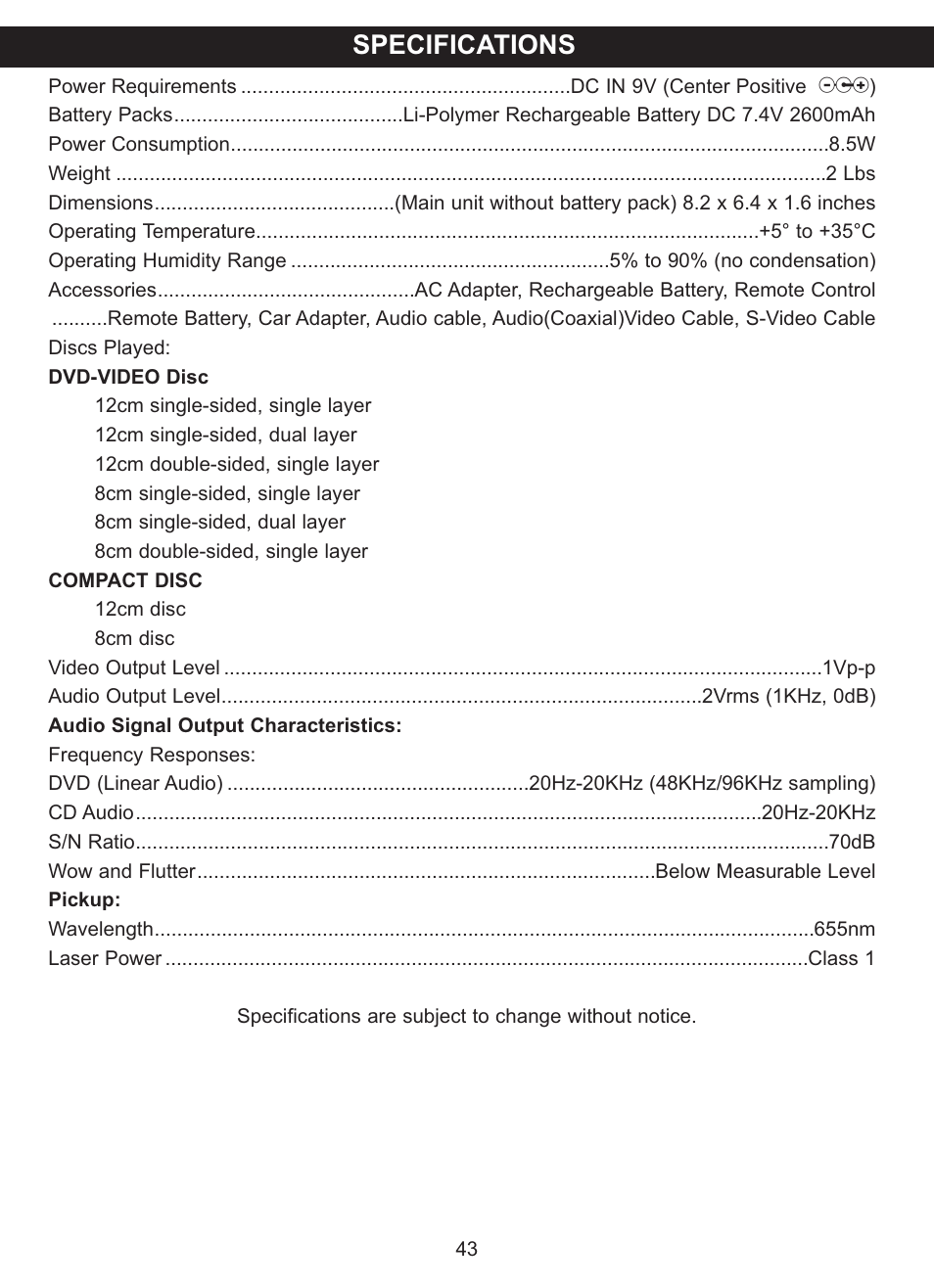 Specifications | Memorex MVDP1075 User Manual | Page 44 / 45
