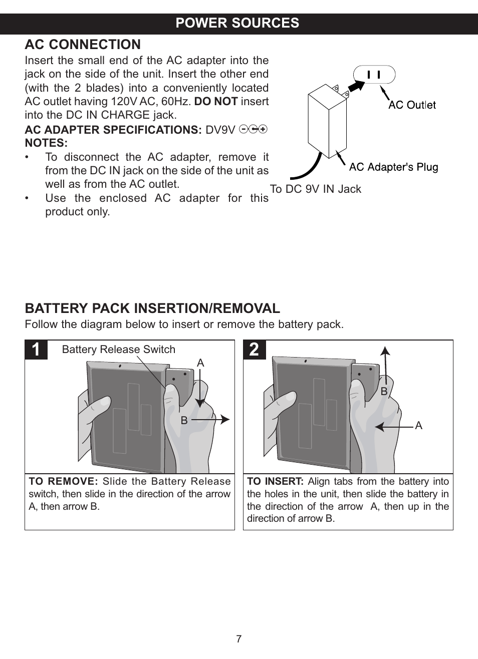 Ac connection, Battery pack insertion/removal, Power sources | Memorex MVDP1075 User Manual | Page 8 / 45