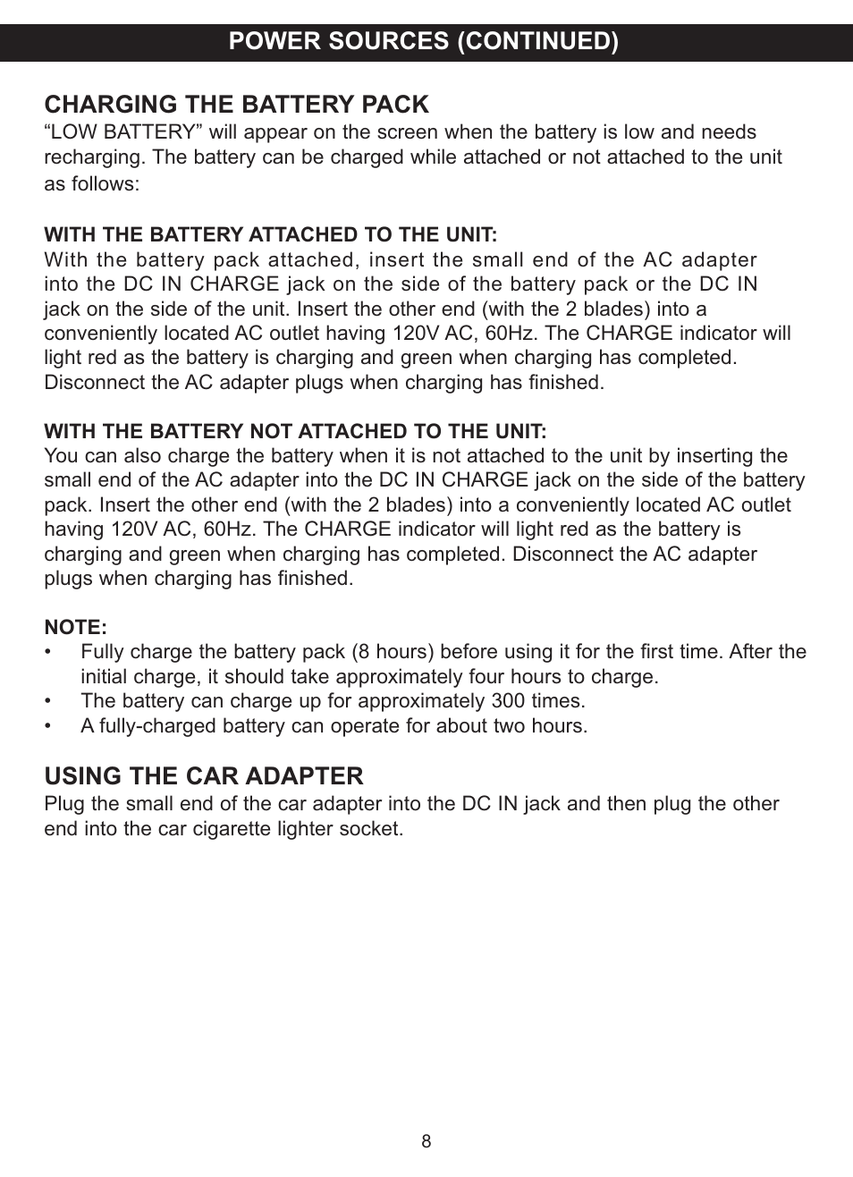 Charging the battery pack, Using the car adapter, Power sources (continued) | Memorex MVDP1075 User Manual | Page 9 / 45
