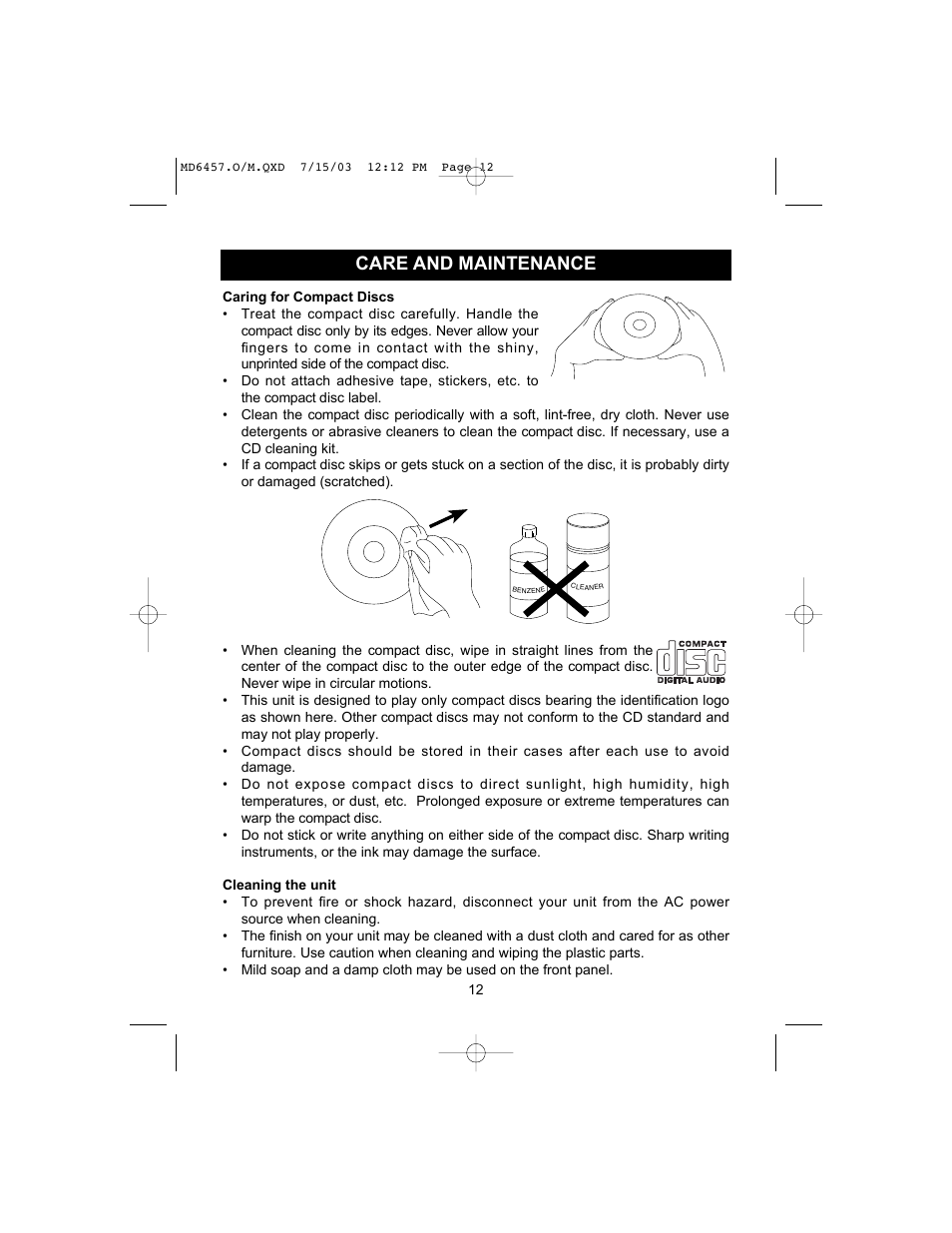 Care and maintenance | Memorex MD6457CP User Manual | Page 13 / 16