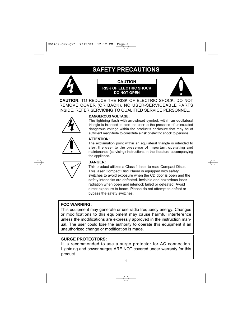 Safety precautions | Memorex MD6457CP User Manual | Page 2 / 16