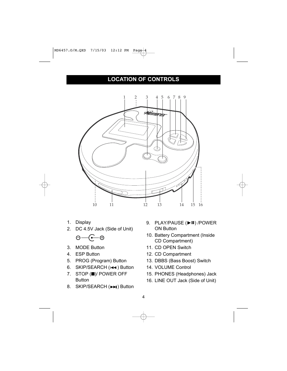 Location of controls | Memorex MD6457CP User Manual | Page 5 / 16