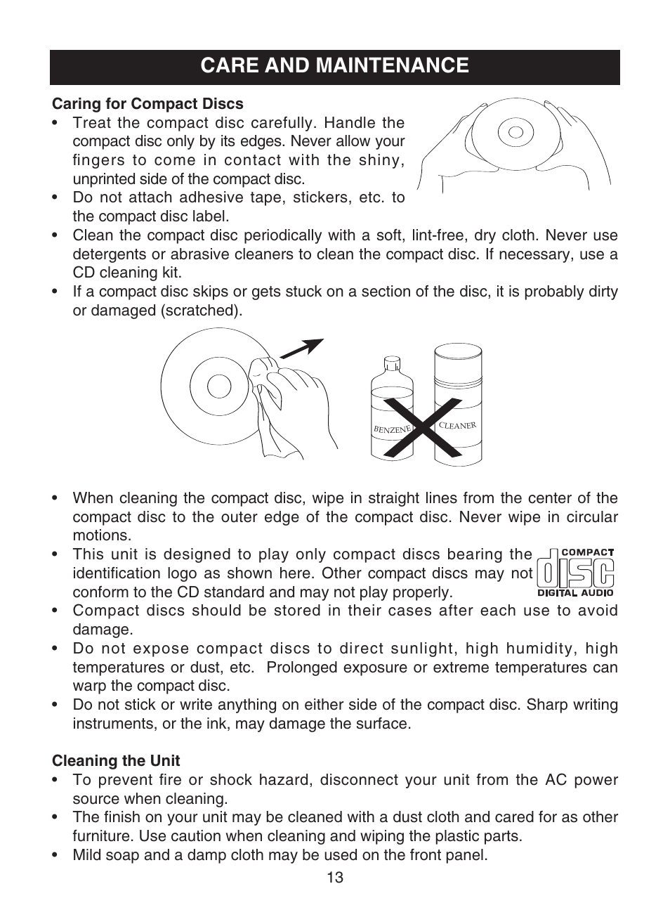 Care and maintenance | Memorex MD6483 User Manual | Page 14 / 17