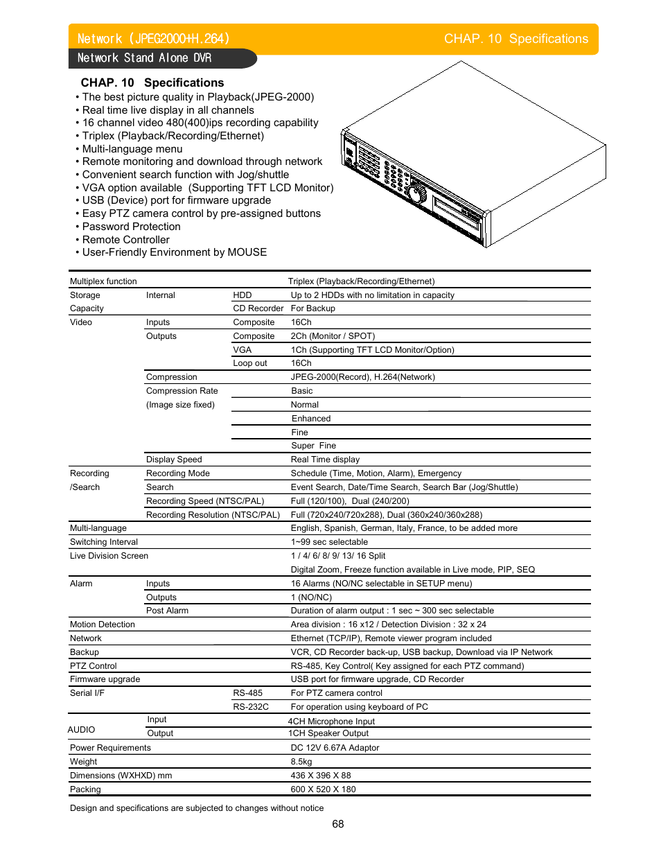 Chap. 10 specifications, Network stand alone dvr | Memorex DVR H264 User Manual | Page 69 / 73