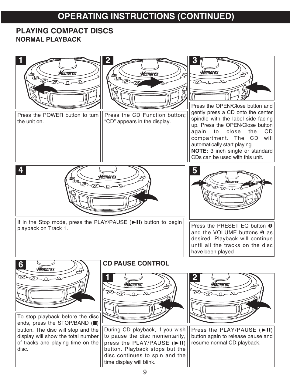 Operating instructions (continued), Playing compact discs | Memorex MX4107 User Manual | Page 10 / 17