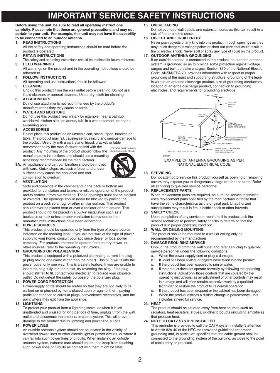 Important service safety instructions | Memorex MX4107 User Manual | Page 3 / 17