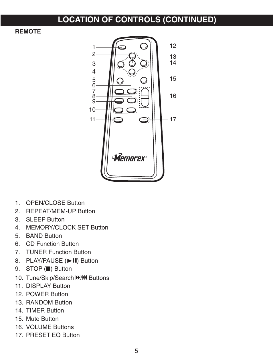 Location of controls (continued) | Memorex MX4107 User Manual | Page 6 / 17