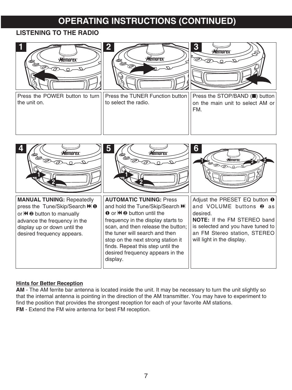 Operating instructions (continued) | Memorex MX4107 User Manual | Page 8 / 17