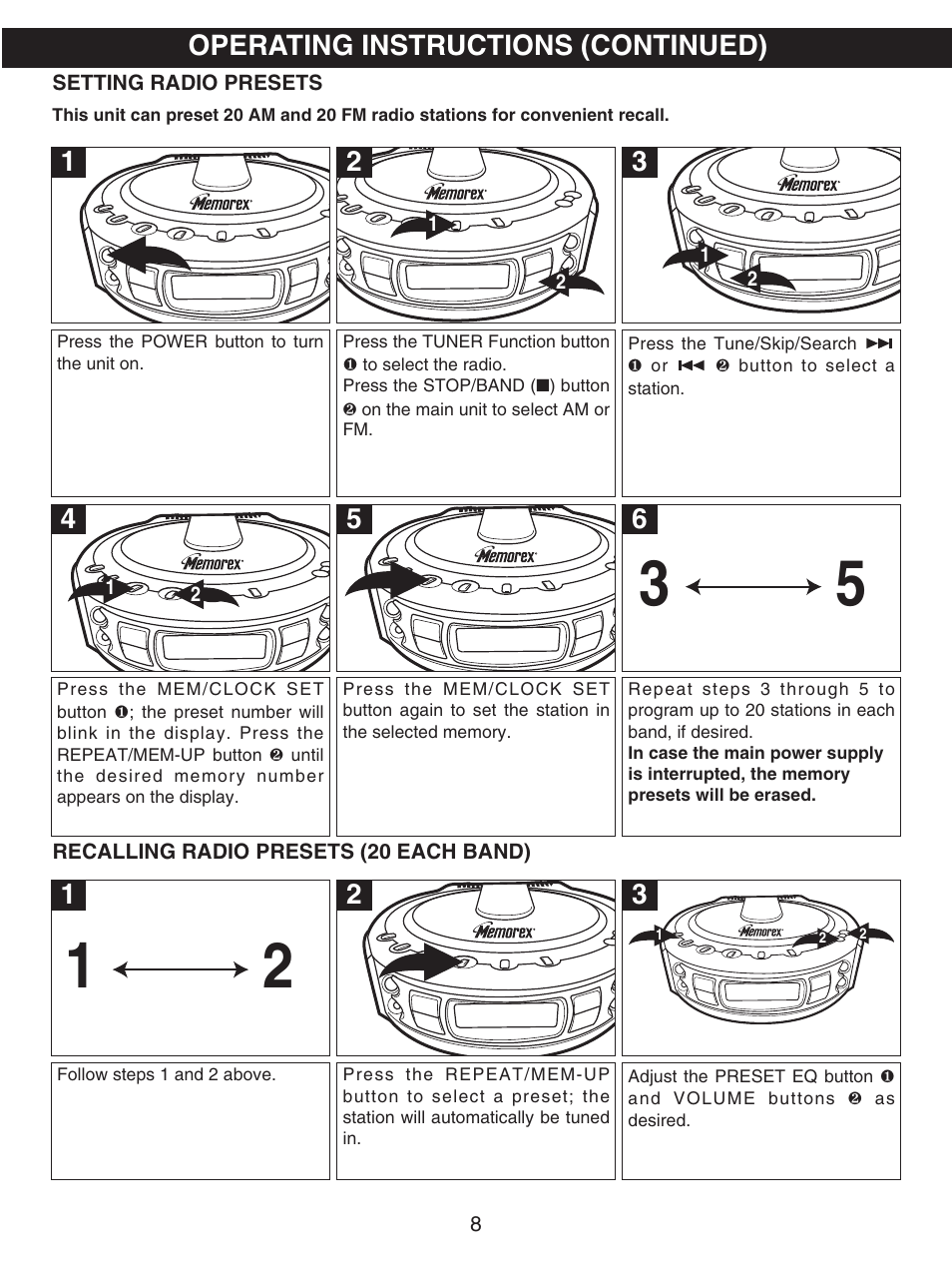 Operating instructions (continued) | Memorex MX4107 User Manual | Page 9 / 17