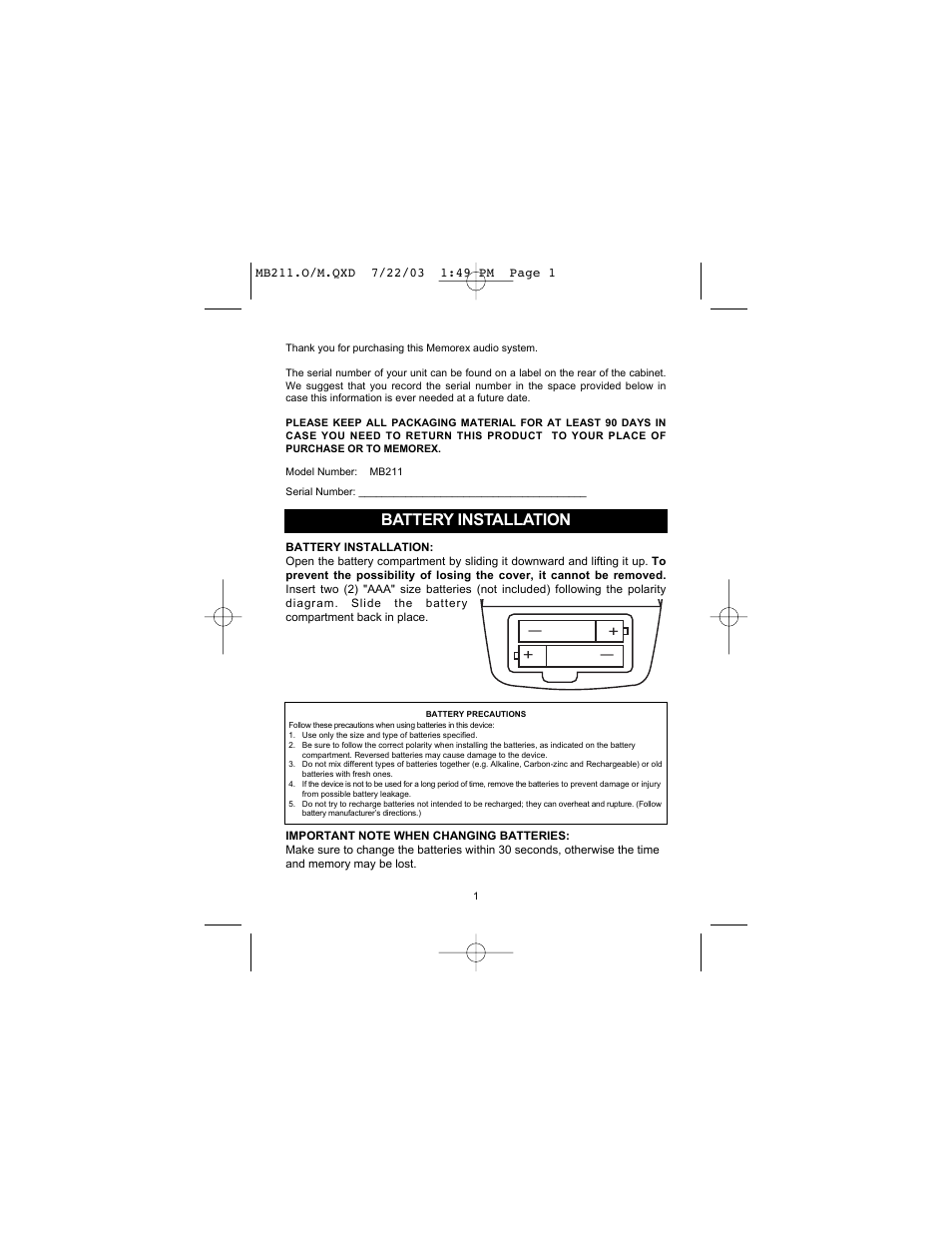 Battery installation | Memorex MB211 User Manual | Page 2 / 10