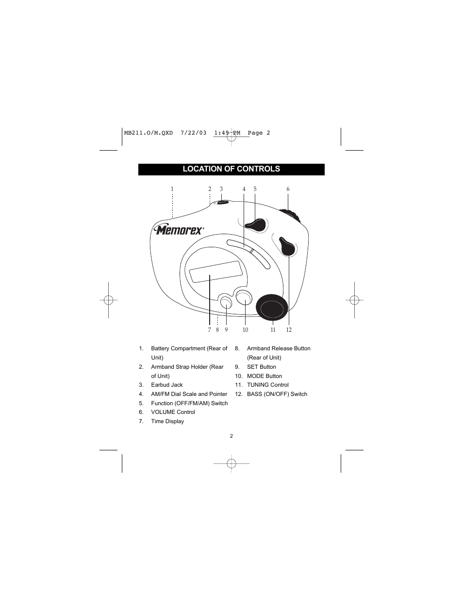 Location of controls | Memorex MB211 User Manual | Page 3 / 10