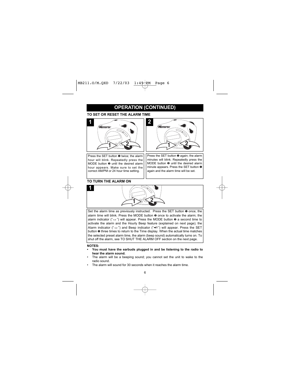 Operation (continued) | Memorex MB211 User Manual | Page 7 / 10