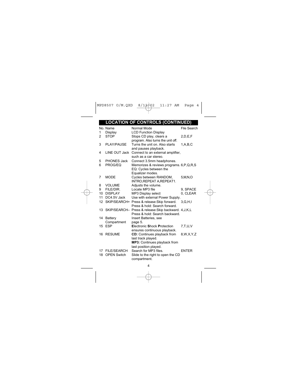 Location of controls (continued) | Memorex MPD8507 User Manual | Page 5 / 23