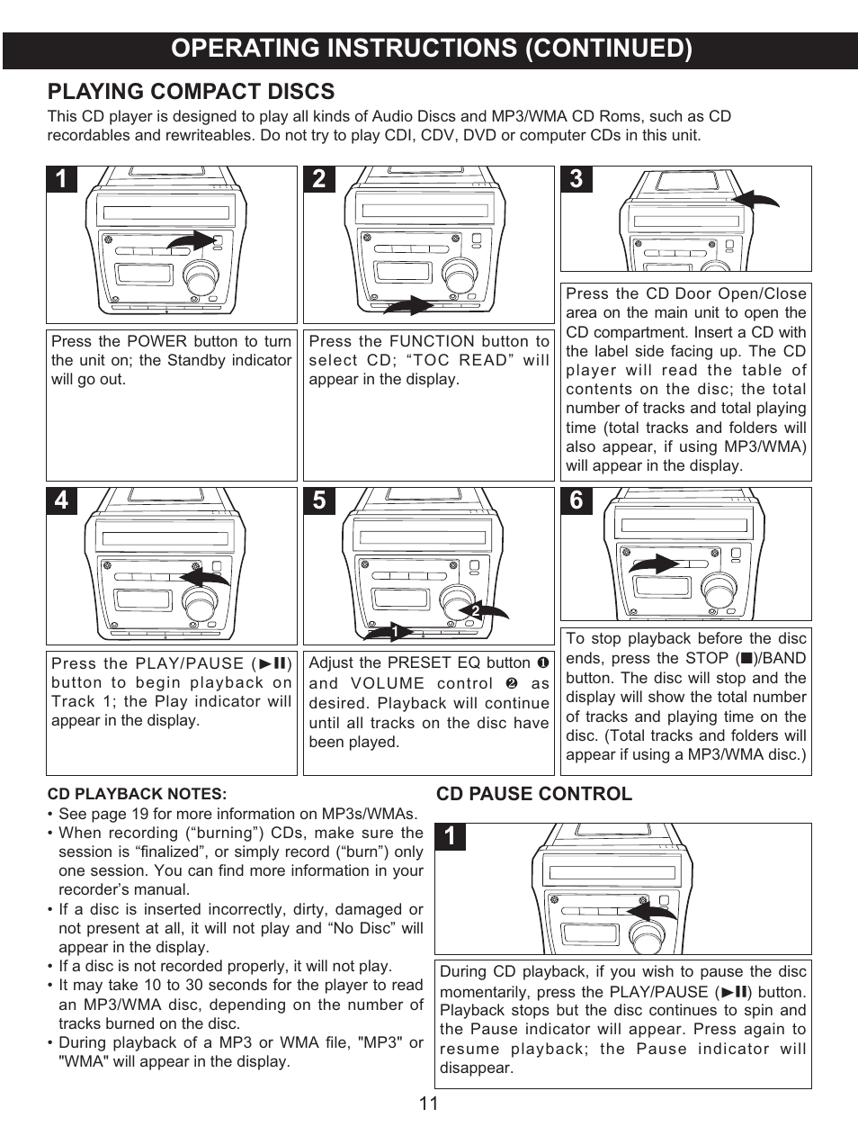 Operating instructions (continued), Playing compact discs | Memorex MX4122 User Manual | Page 12 / 23