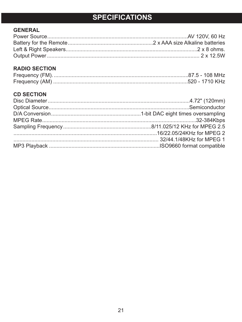 Specifications | Memorex MX4122 User Manual | Page 22 / 23