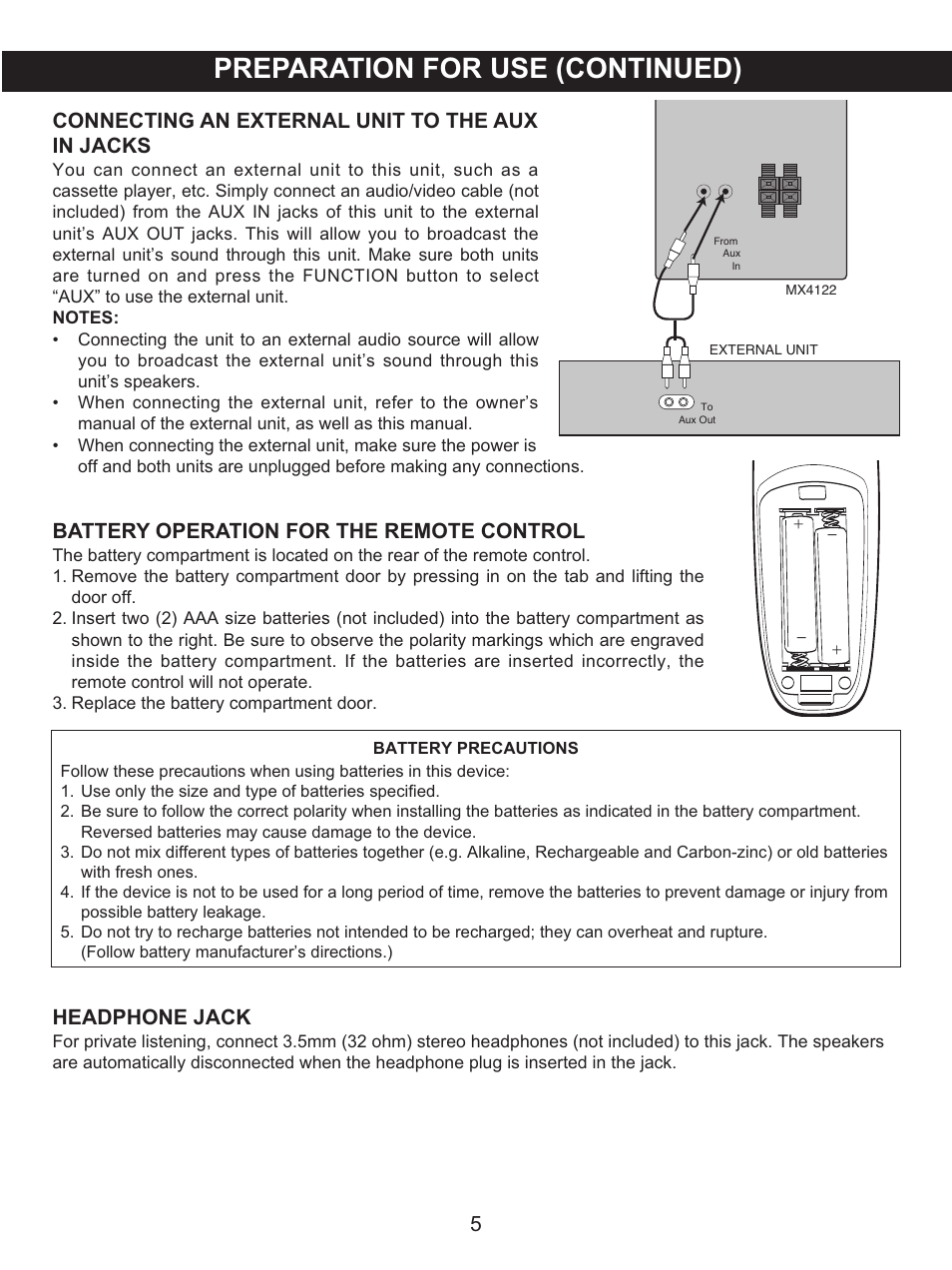 Preparation for use (continued), Connecting an external unit to the aux in jacks, Battery operation for the remote control | Headphone jack | Memorex MX4122 User Manual | Page 6 / 23