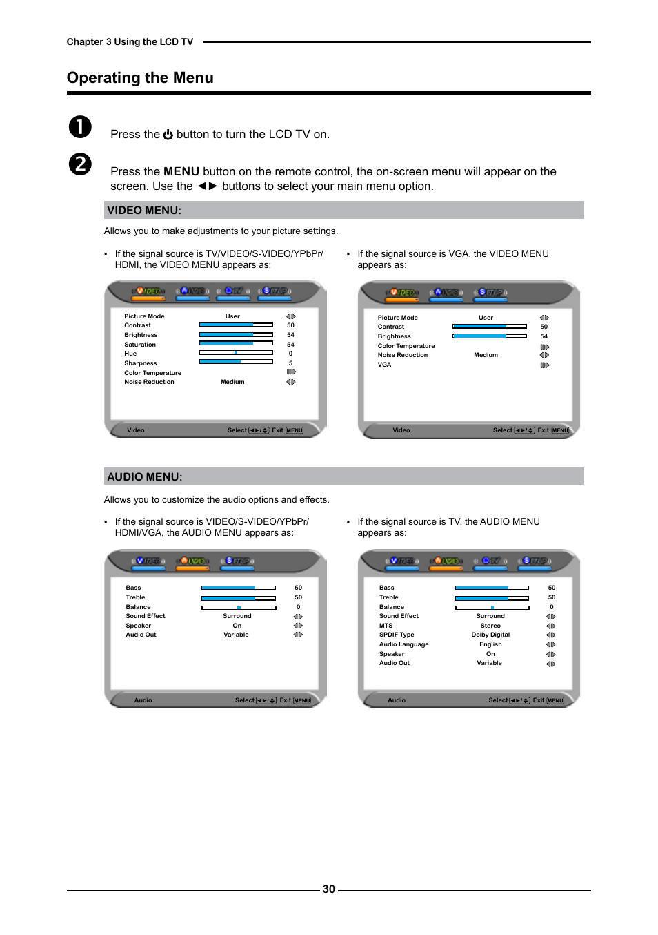 Operating the menu, Press the button to turn the lcd tv on, Video menu: audio menu | Memorex MLT4221P User Manual | Page 32 / 103
