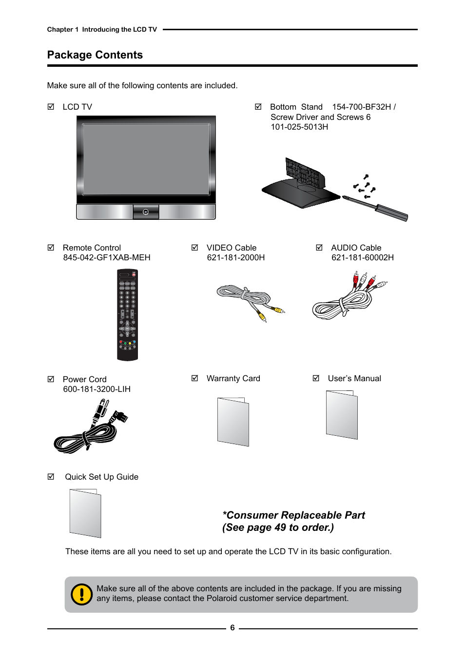Package contents, Consumer replaceable part (see page 49 to order.) | Memorex MLT4221P User Manual | Page 8 / 103