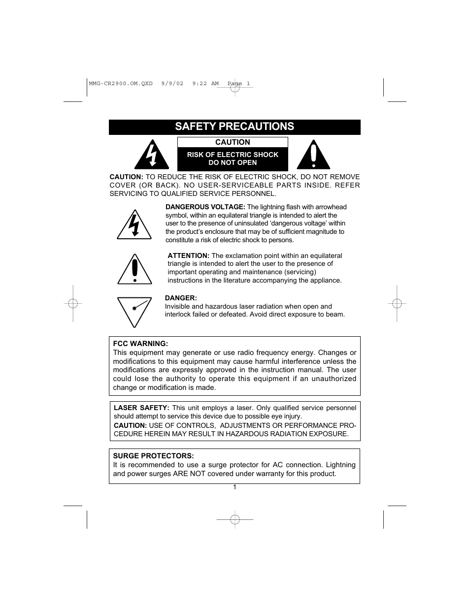 Safety precautions | Memorex MMG-CR2900 User Manual | Page 2 / 22