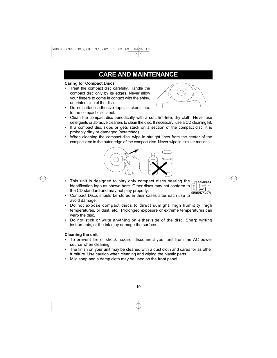 Care and maintenance | Memorex MMG-CR2900 User Manual | Page 20 / 22