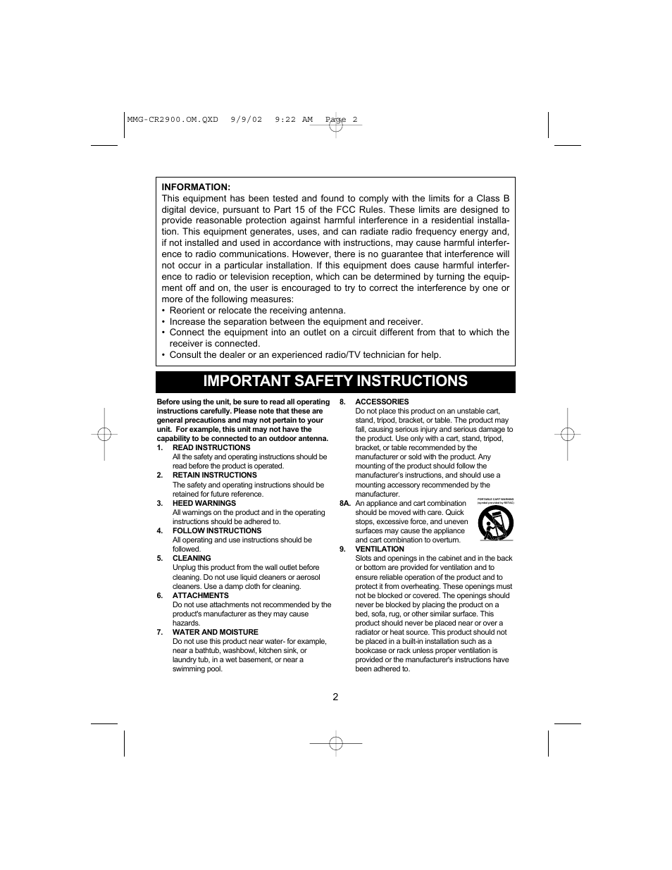 Important safety instructions | Memorex MMG-CR2900 User Manual | Page 3 / 22