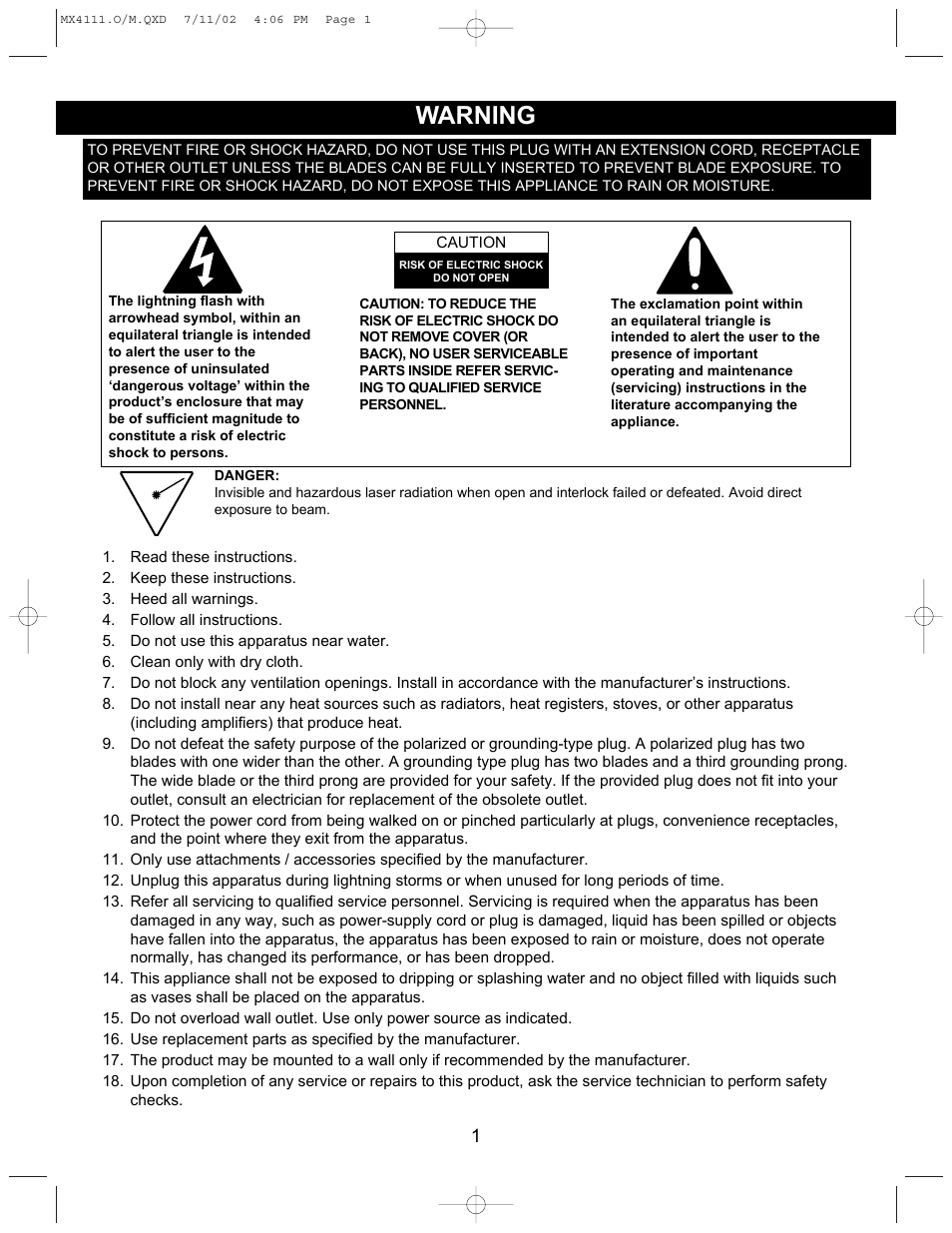 Warning | Memorex MX4111 User Manual | Page 2 / 18