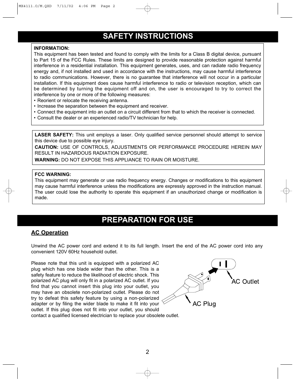 Safety instructions, Preparation for use | Memorex MX4111 User Manual | Page 3 / 18