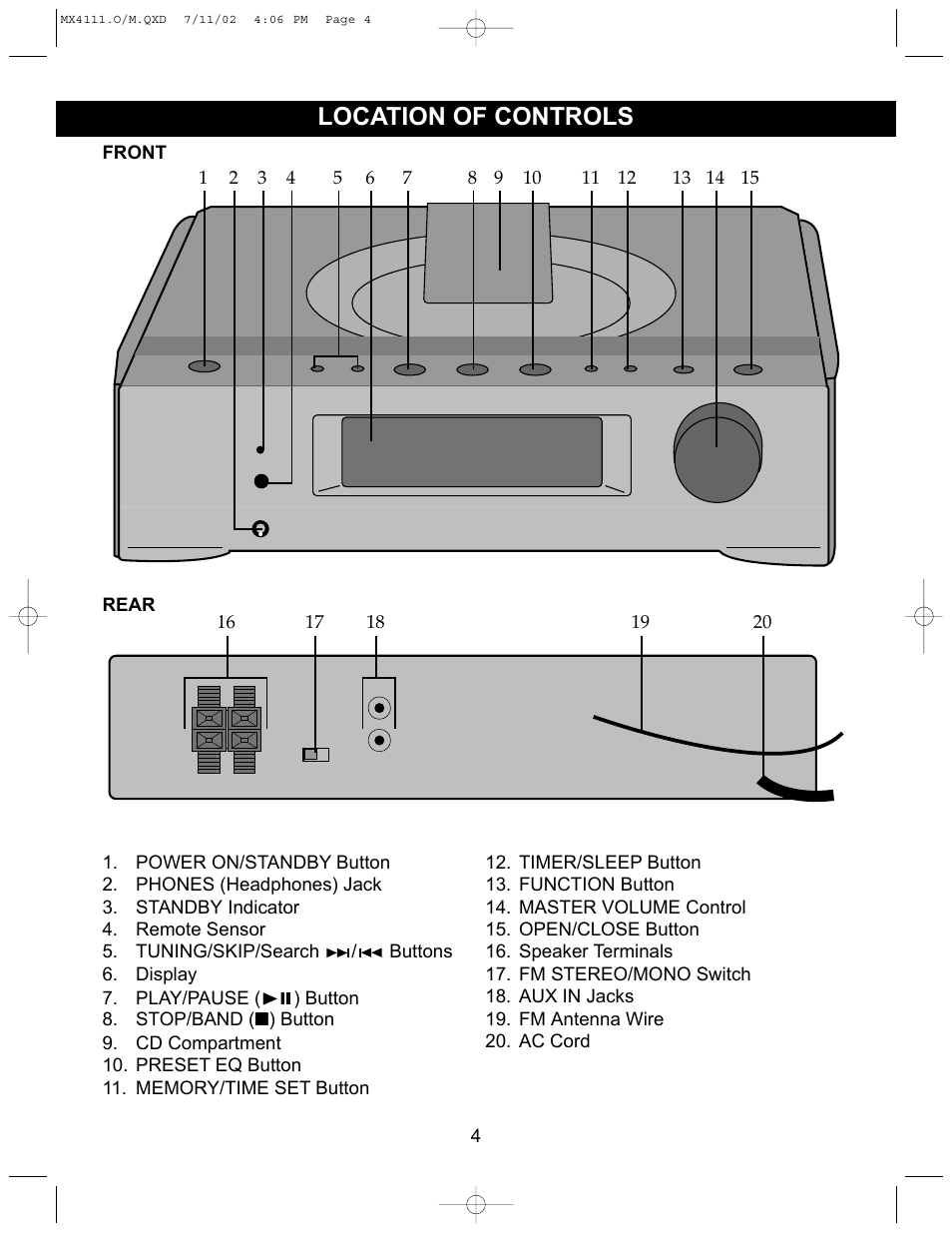 Location of controls | Memorex MX4111 User Manual | Page 5 / 18