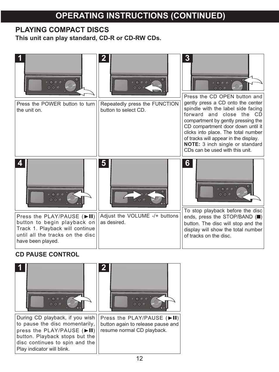 Operating instructions (continued), Playing compact discs | Memorex MX4139 User Manual | Page 13 / 38