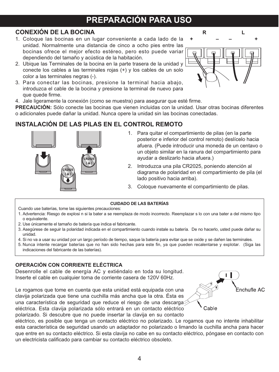 Preparación para uso, Conexión de la bocina, Instalación de las pilas en el control remoto | Memorex MX4139 User Manual | Page 23 / 38