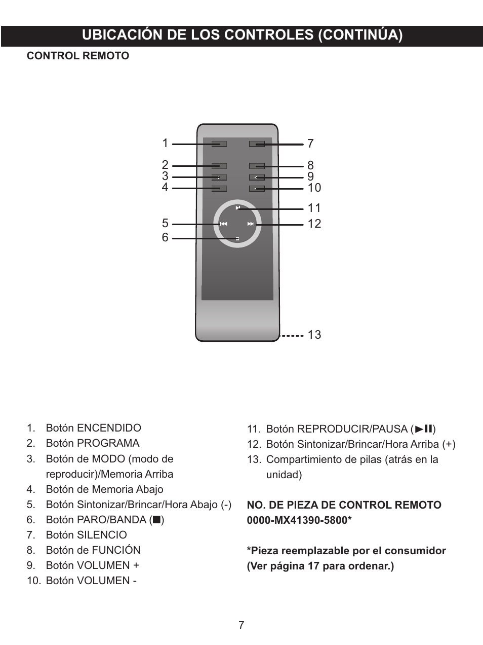 Ubicación de los controles (continúa) | Memorex MX4139 User Manual | Page 26 / 38