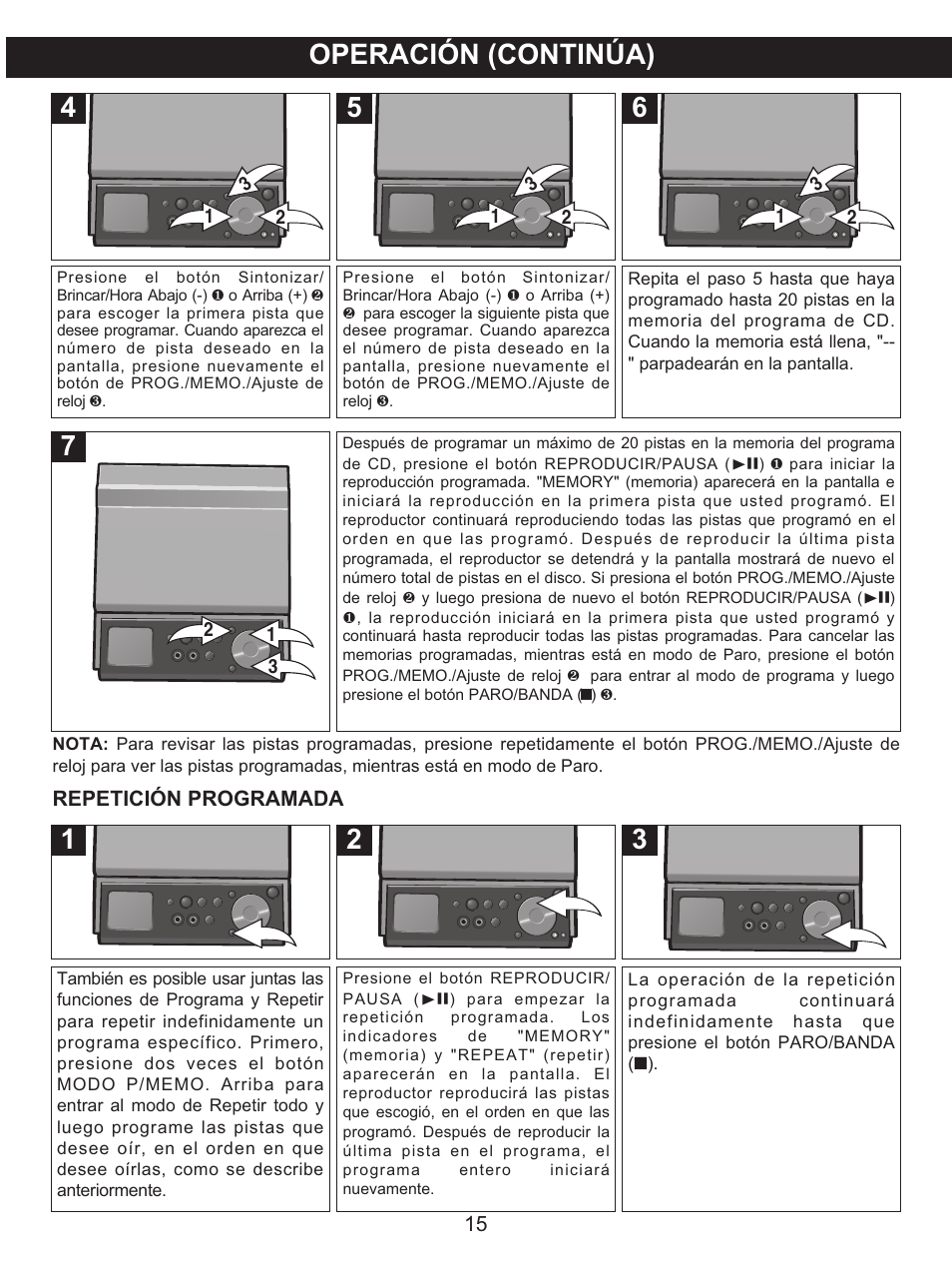 Operación (continúa), Repetición programada | Memorex MX4139 User Manual | Page 34 / 38