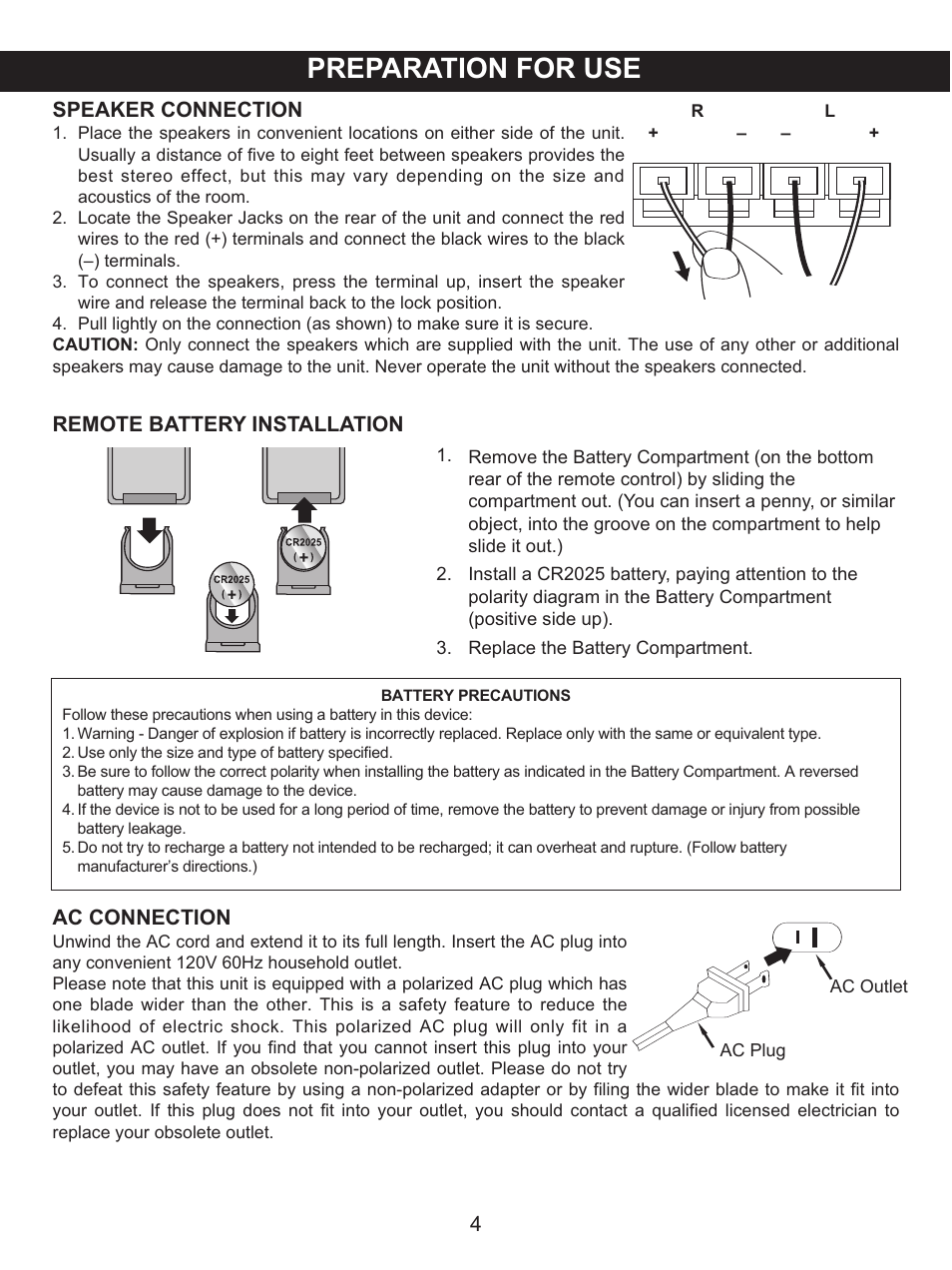 Preparation for use, Speaker connection, Ac connection | Remote battery installation | Memorex MX4139 User Manual | Page 5 / 38