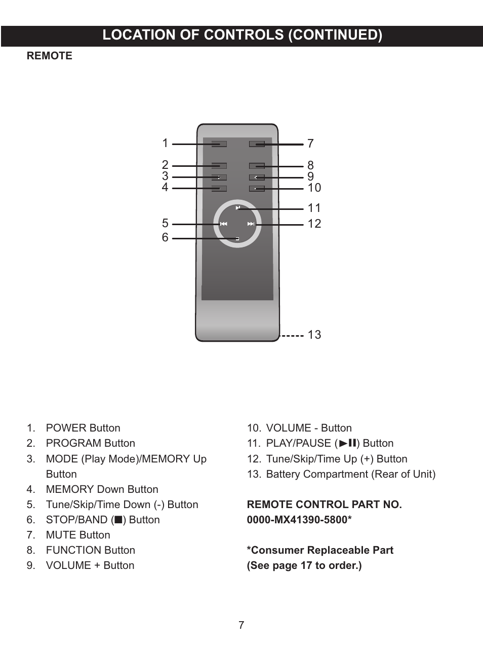 Location of controls (continued) | Memorex MX4139 User Manual | Page 8 / 38