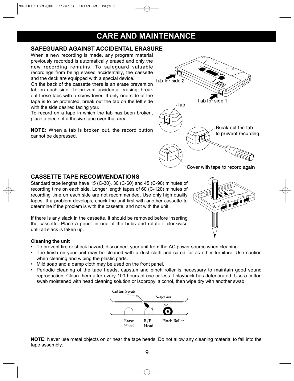 Care and maintenance | Memorex MKS1019 User Manual | Page 10 / 12