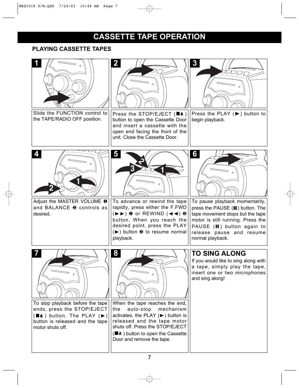 Cassette tape operation | Memorex MKS1019 User Manual | Page 8 / 12