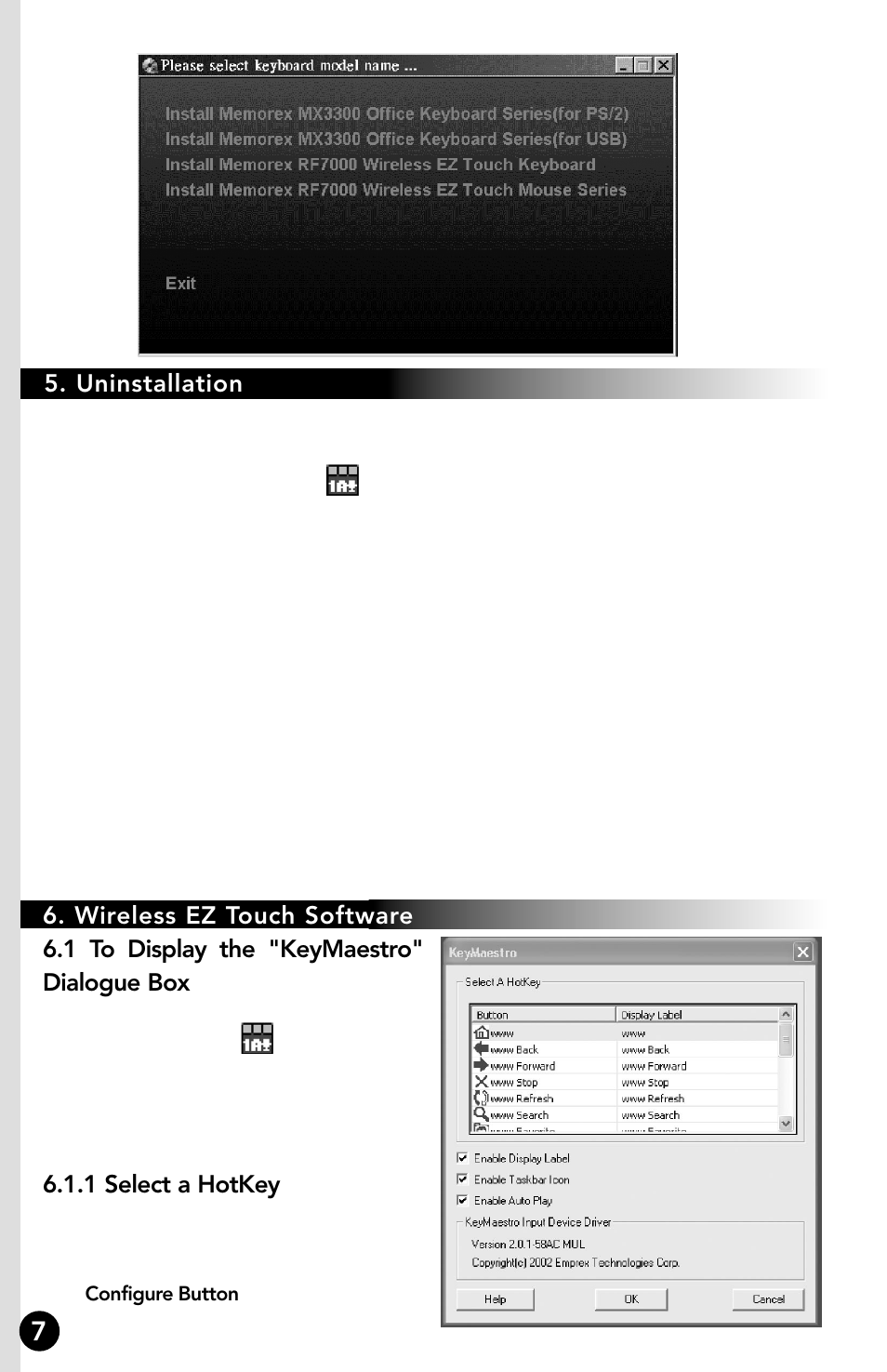 1 select a hotkey, Uninstallation | Memorex RF7000 User Manual | Page 12 / 24