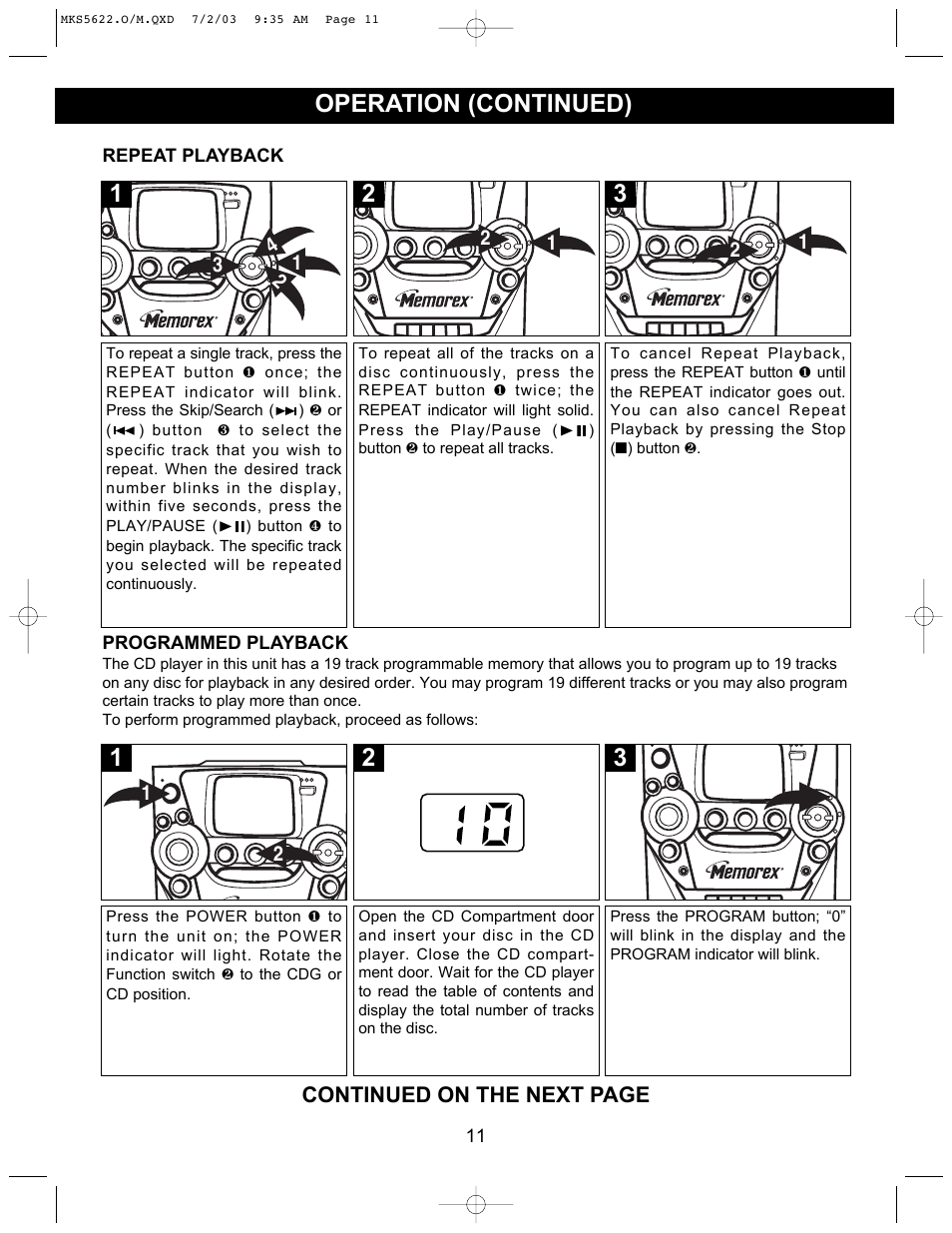Operation (continued), Continued on the next page | Memorex MKS5622 User Manual | Page 12 / 21