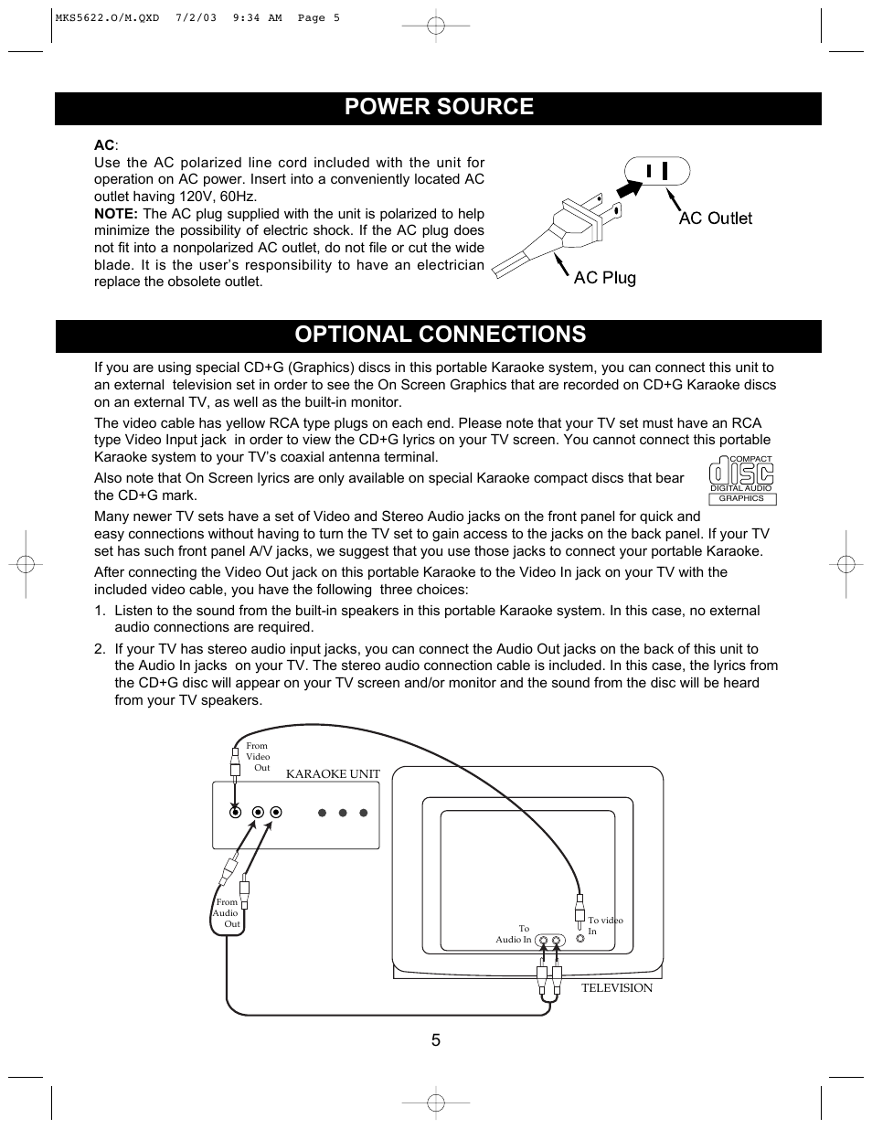 Power source optional connections, Ac plug ac outlet | Memorex MKS5622 User Manual | Page 6 / 21