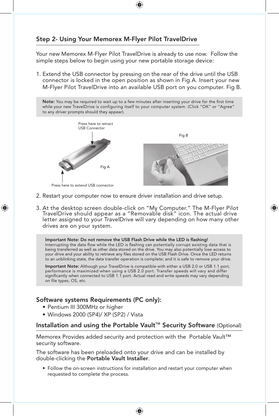 Software systems requirements (pc only), Installation and using the portable vault, Security software | Memorex M-Flyer User Manual | Page 2 / 5