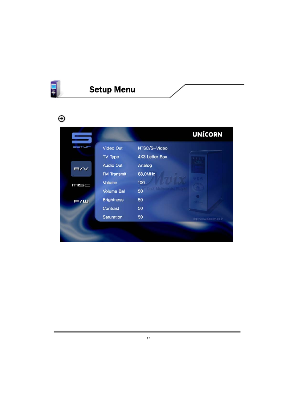 Mvix setup menu, Audio/video setup | Mvix MV-5000U User Manual | Page 17 / 37