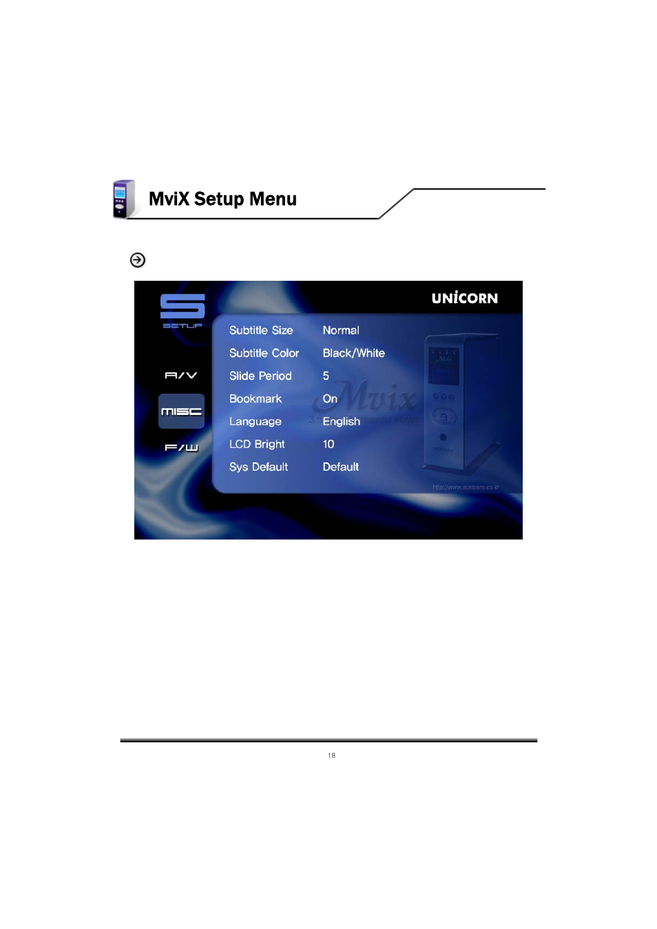 Mvix setup menu, Misc setup | Mvix MV-5000U User Manual | Page 18 / 37