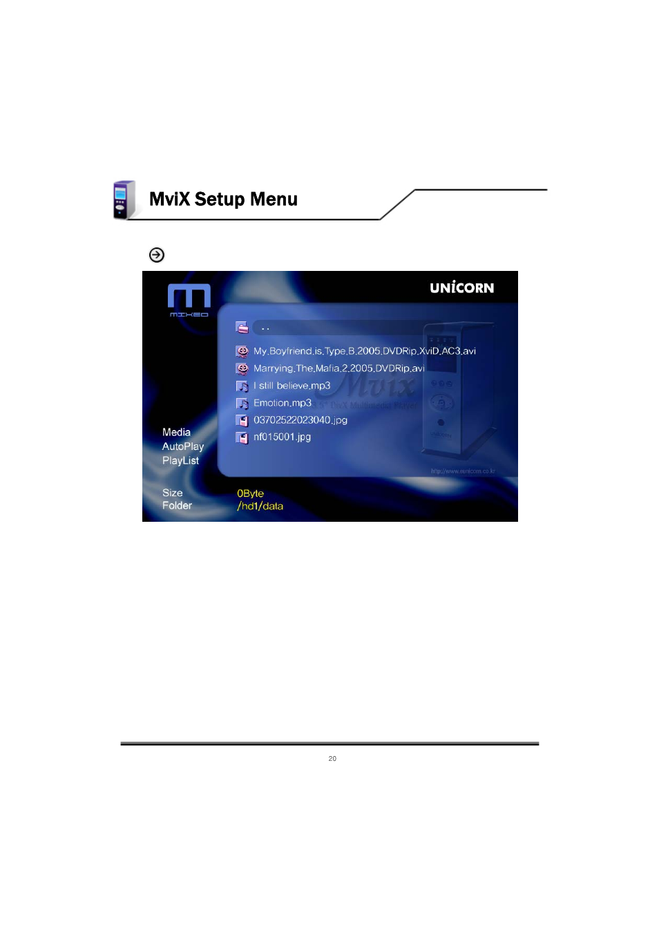 Mvix setup menu | Mvix MV-5000U User Manual | Page 20 / 37