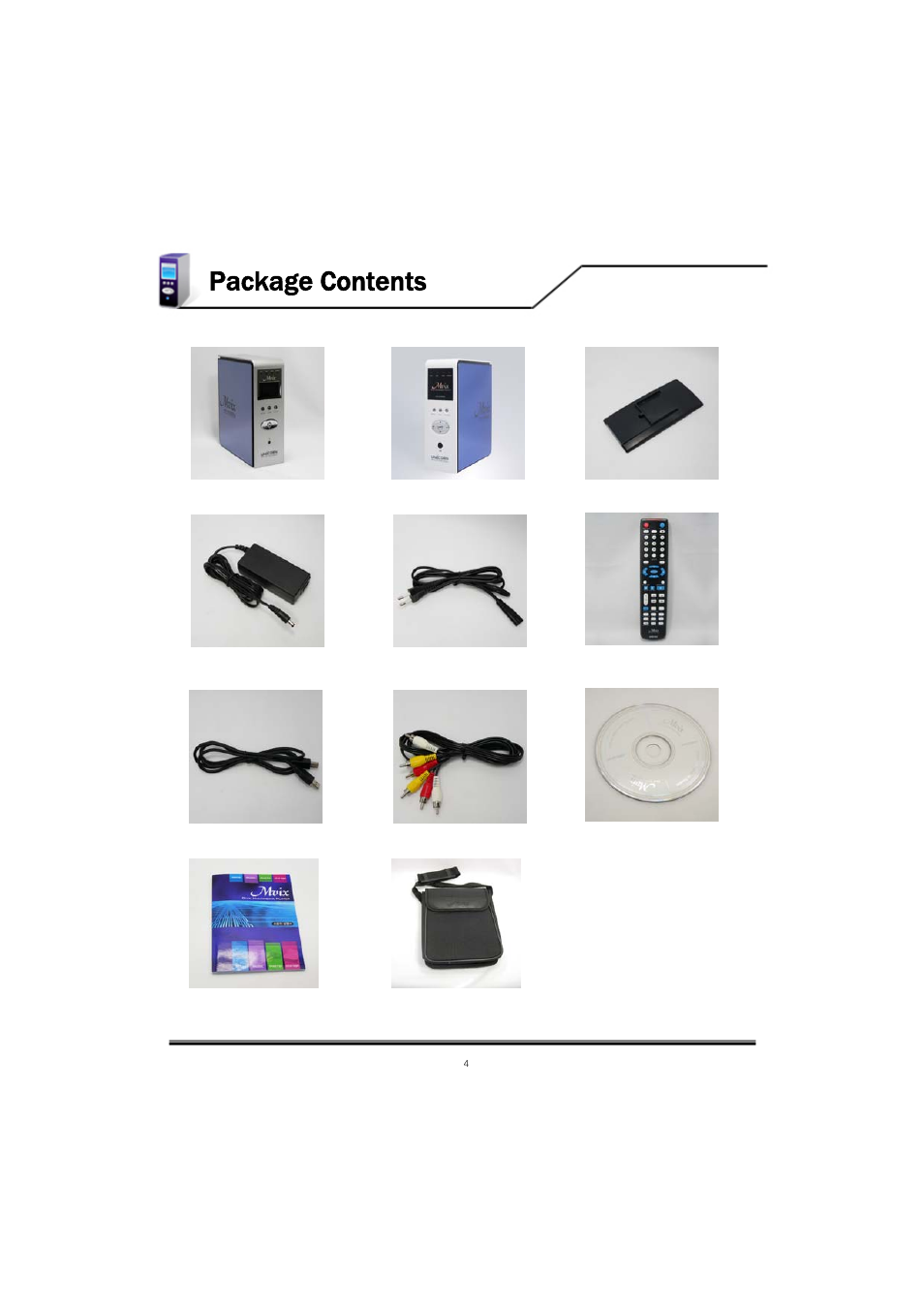 Package contents | Mvix MV-5000U User Manual | Page 4 / 37