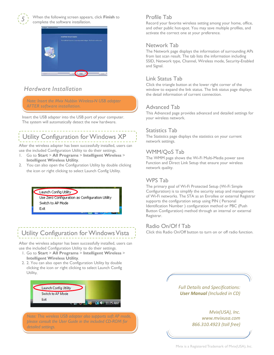 Hardware installation, Profile tab, Network tab | Link status tab, Advanced tab, Statistics tab, Wmm/qos tab, Wps tab, Radio on/of f tab | Mvix NUBBIN MS-811N User Manual | Page 2 / 2