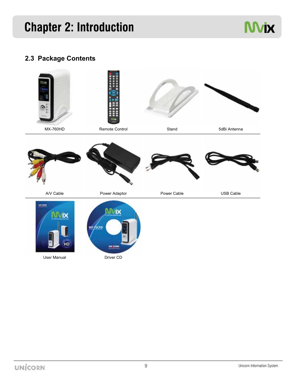 Chapter 2: introduction, 3 package contents | Mvix MX-760HD User Manual | Page 10 / 102
