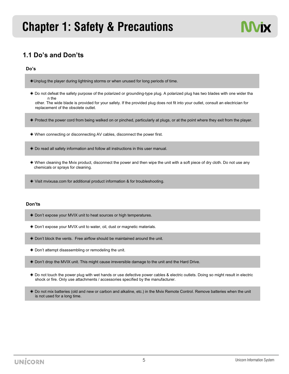 Chapter 1: safety & precautions, 1 do’s and don’ts | Mvix MX-760HD User Manual | Page 6 / 102