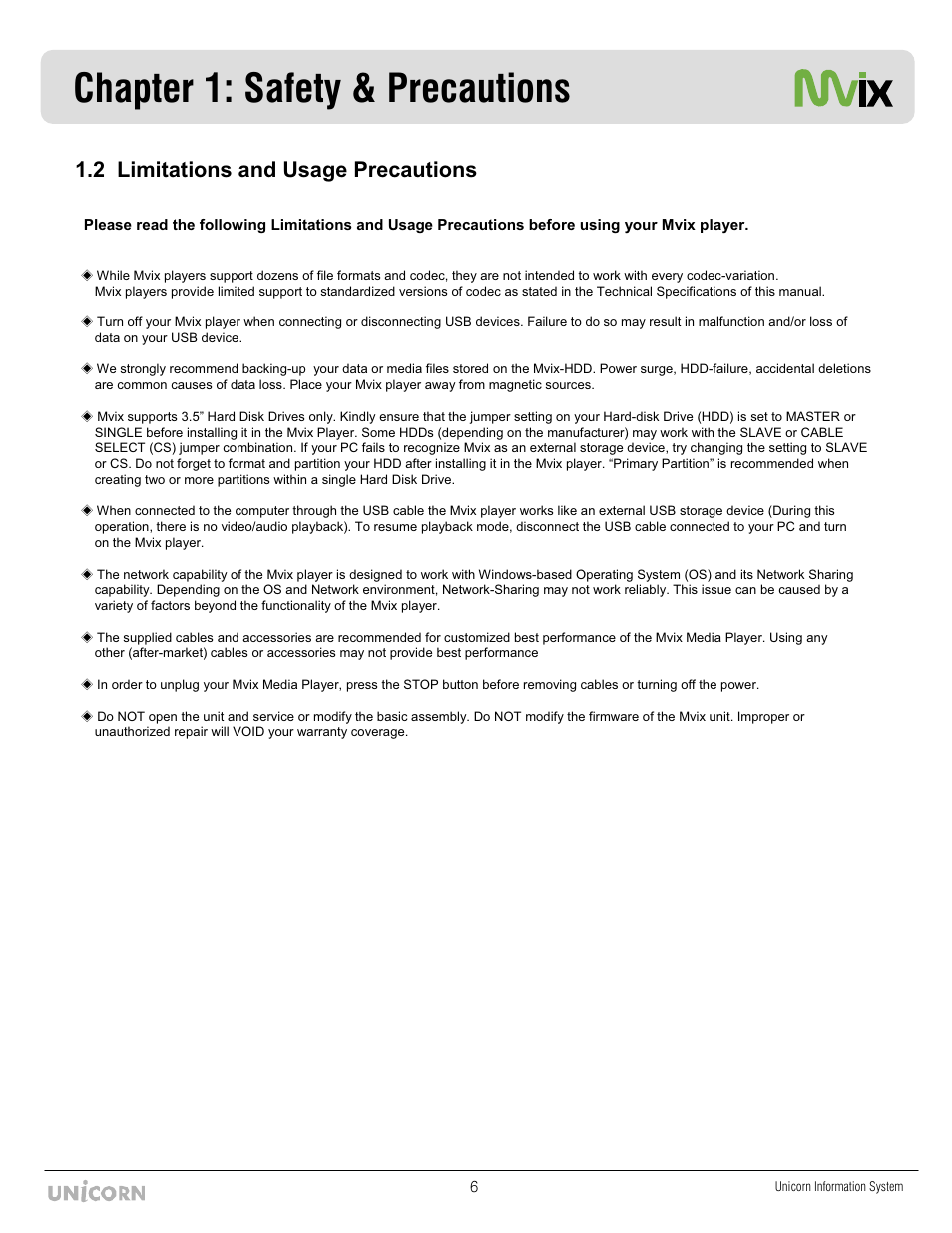 Chapter 1: safety & precautions, 2 limitations and usage precautions | Mvix MX-760HD User Manual | Page 7 / 102