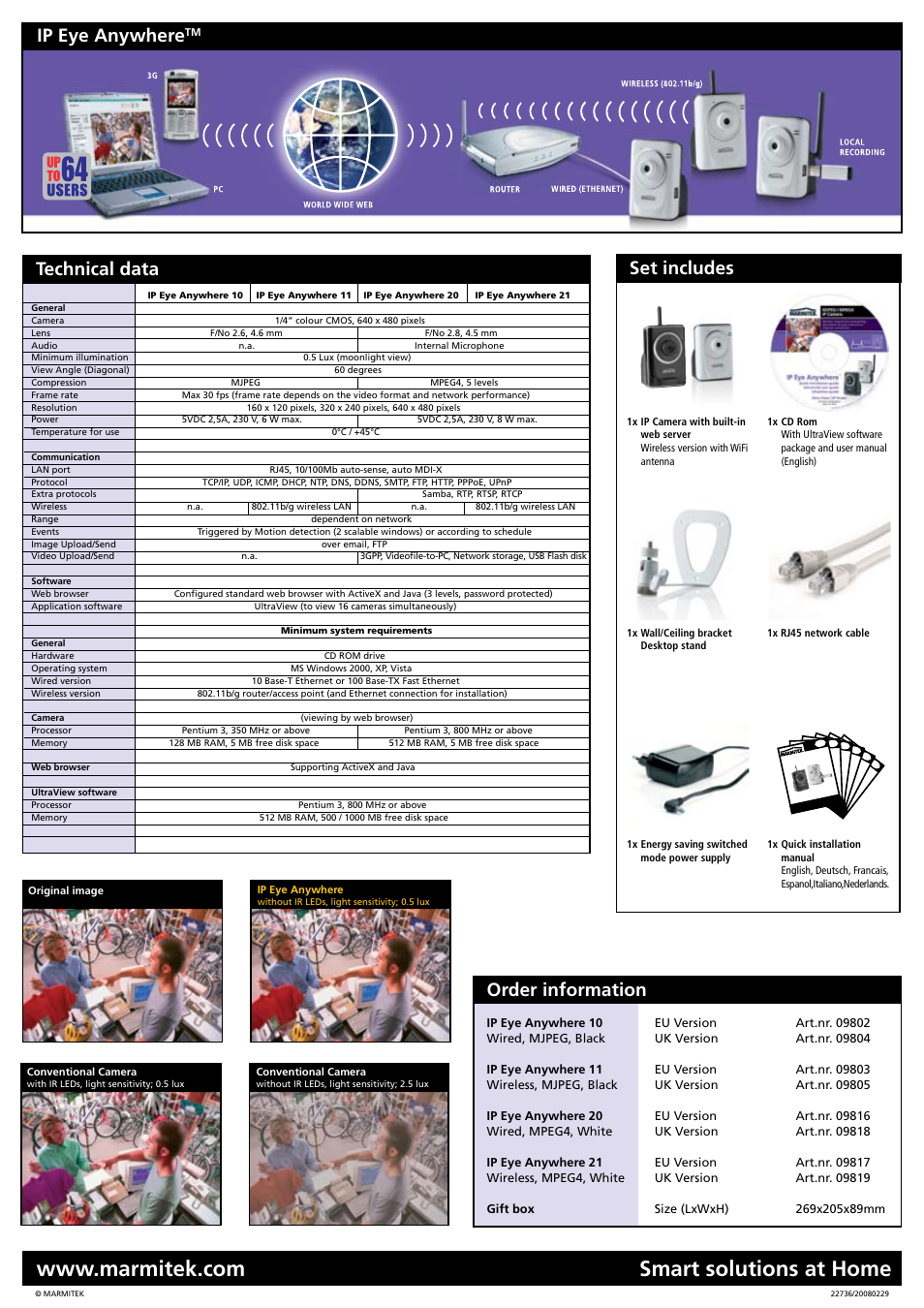 Smart solutions at home, Set includes, Ip eye anywhere | Order information, Technical data | Marmitek 3GP User Manual | Page 2 / 2
